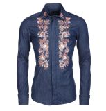 Men's Denim French Front Shirt with Printings (garment wash)