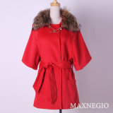 Raglan Sleeves Fur Collar Medium-Long Wool Coat (1-55644)
