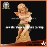 Sunset Red Marbles Carving, Play Music Boys Stone Statues Carving