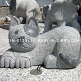 Grey Granite Animal Cat Stone Carved Sculpture for Garden / Landscape