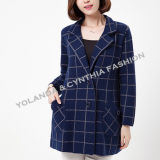 Fashion Women's Single Breasted Plaided Dark Blue Color Wool Coat /Women's Winter Clothing