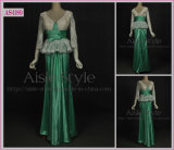 Elegant A-Line V-Neck Long Sleeves Lace Floor Length Silky Satin Evening Dress (AS4189)