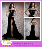 2014 New Fashion Sexy Black Boat Neck V Back Floor Length Crystals Long Velvet Dresses for Evening with High Slit (MN1406)