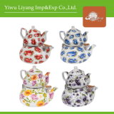 Floral Decal Enamel Kettle Set Ceramic Tea Pot with Wooden Handle (BY-2405)