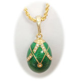 Silver CZ Paved Green Enamel 24k Gold Plating Faberge Egg Pendant Necklace for Easter Day