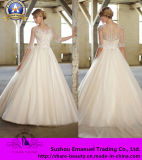 Wholesale 2014 New Wedding Dresses Scoop A-Line Satin Tulle Applique Beading Half Sleeves Zipper Court Train Fashion (w031)