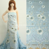 Family Happiness Style Ab103 Blue Embroidery Organza Fabric with Polyester Filament Light