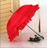 Red Bride Umbrella for Wedding, Straight Umbrella Leather Curved Handle