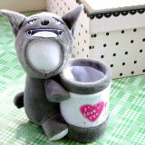 Cartoon Grey Wolf 15cm 3D Face Doll with Pen Container for Christmas