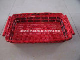 Red Rectangular Wicker Tray with Wooden Handles (dB043)