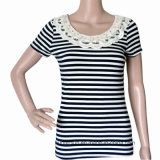 Ladies Striped T Shirt with Lace and Hand Embroidered (HT2389)