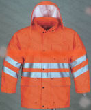 Durable PU Coated Safety Rain Jacket with Reflective Strip