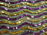 Sequin Embroidery on Mesh Fabric--Puprle & Gold Waves (JPX1112)