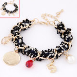Multielement Woven Coin Pearl and Crystal Drop Pendant Bracelet